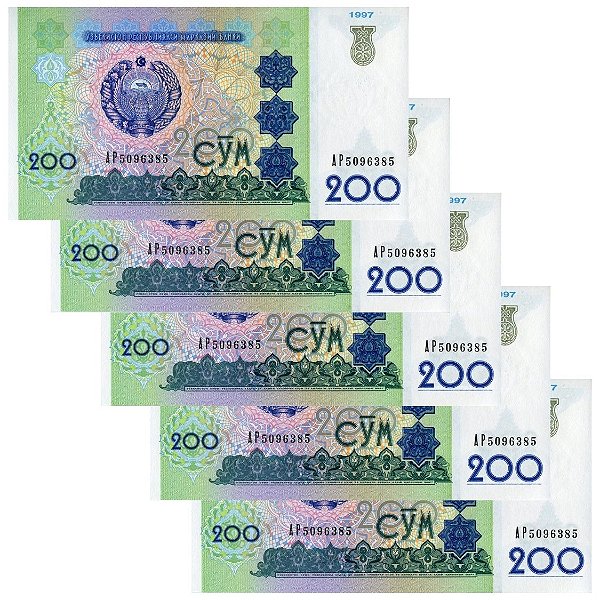 Uzbequistão - 5 Cédulas de 200 Som 1997 - P-80a - Sequência - Flor de Estampa