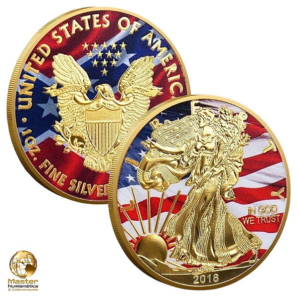 Estados Unidos - Moeda Americam Eagle Liberty - 1 Dollar 2018 - Souvenir - 1 Oz - 40.0mm - 29.9g - Colorida na Capsula