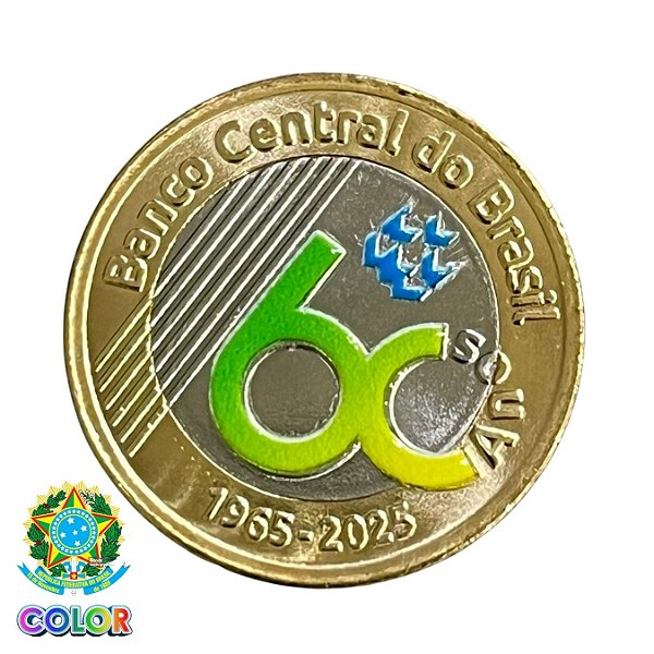 Colorida - Moeda 1 Real 2025 - 60 Anos do BC - Colorizada - Flor de Cunho