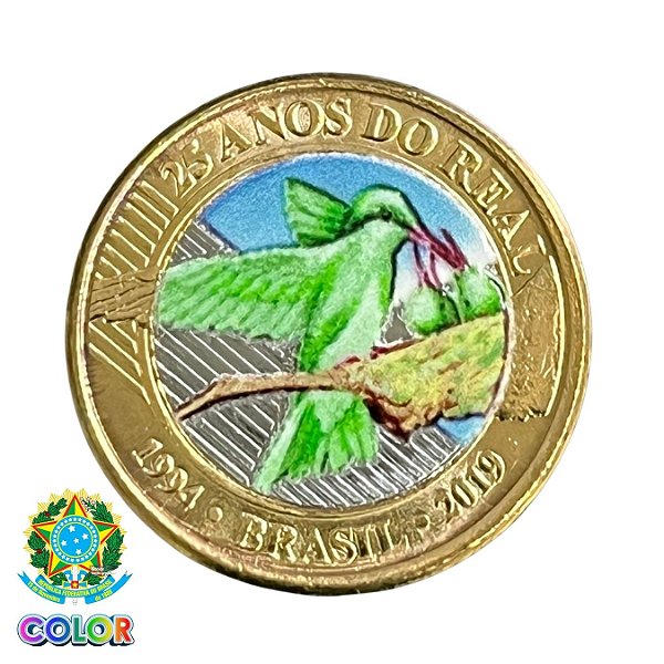 Colorida - Moeda 1 Real 2019 - 25 Anos do Real (Beija Flor) - Colorizada - Flor de Cunho
