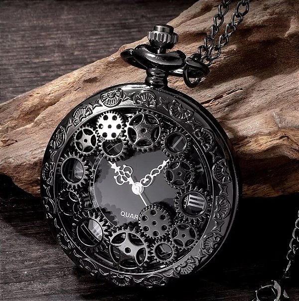 Relógio de Bolso Vintage Engrenagem Black - Serve como Colar e Pingente