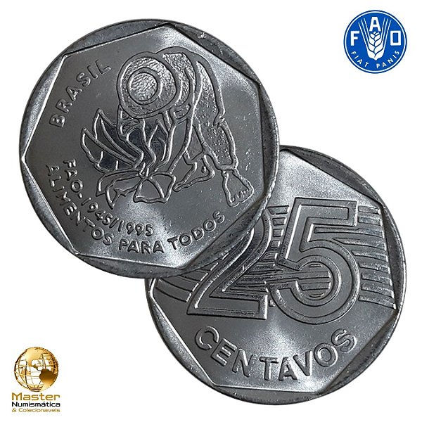 Moeda de 25 Centavos 1995 - FAO - V-456 - Flor e Cunho - Aço Inoxidavel - 23.5mm - 4.80g