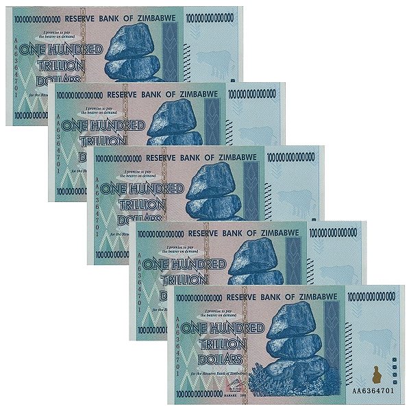 Zimbabwe - 5 Cédulas de 100 Trilhões de Dólares 2008 - Fantasia - Emissão Privada - FE