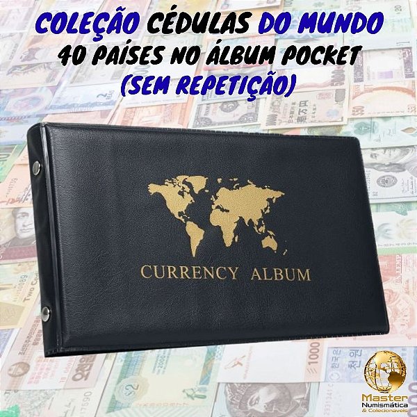 Álbum com 40 Cédulas Estrangeiras de 40 Países sem repetição - África, Ásia, Américas e Europa - 100% Flor de Estampa.
