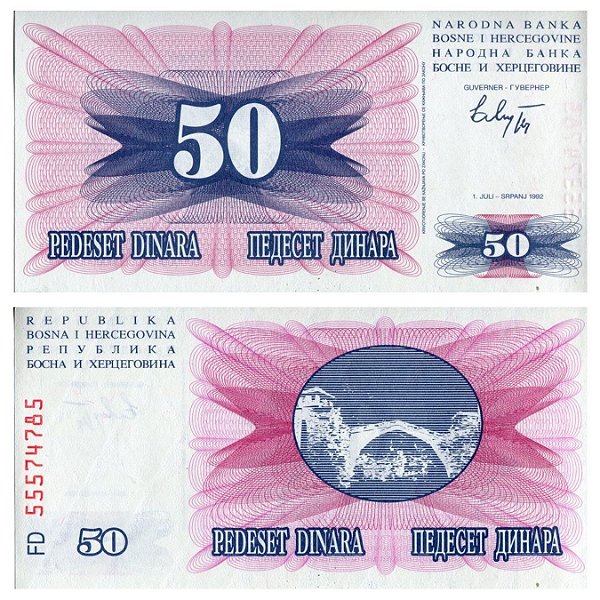 Bósnia Herzegovina - Cédula de 50 Dinara 1992 - P-12a - FE