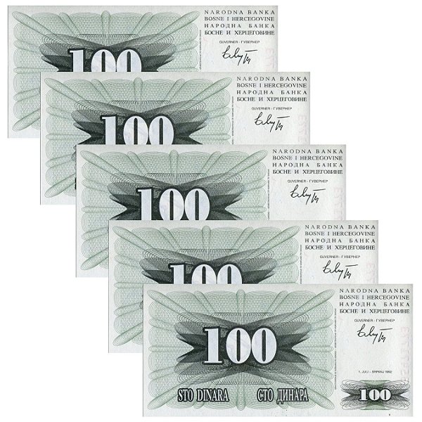 Bósnia Herzegovina - 5 Cédulas de 100 Dinara 1992 - P-13a - FE