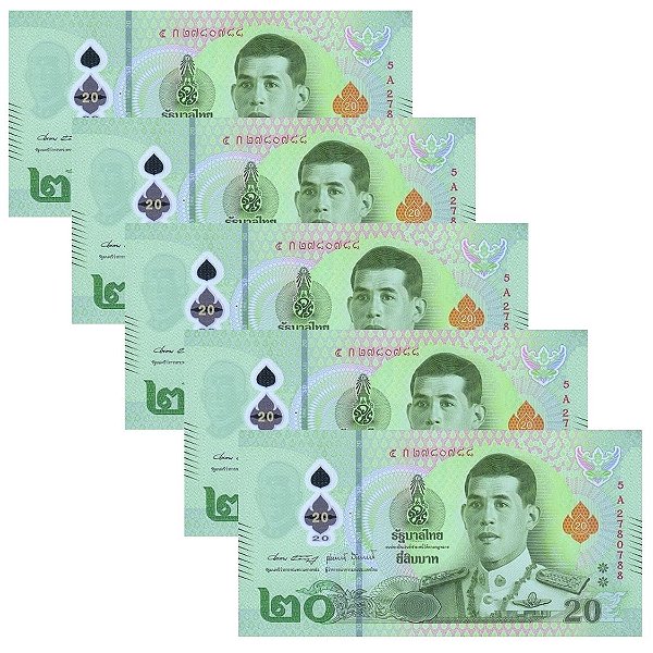 Tailândia - 5 Cédulas de 20 Baht 2022 - P-141Aa - Polìmero - FE