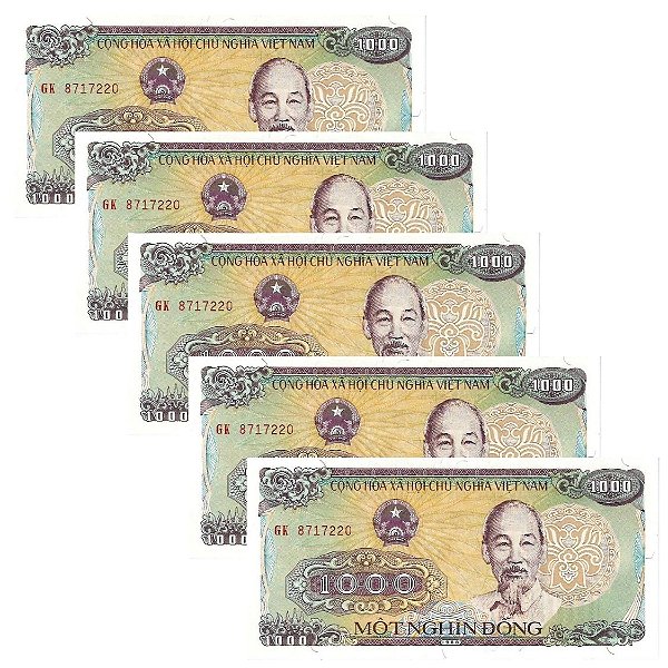 Vietnã - 5 Cédulas de 1000 Dong 1988 - P-106a - Flor de Estampa