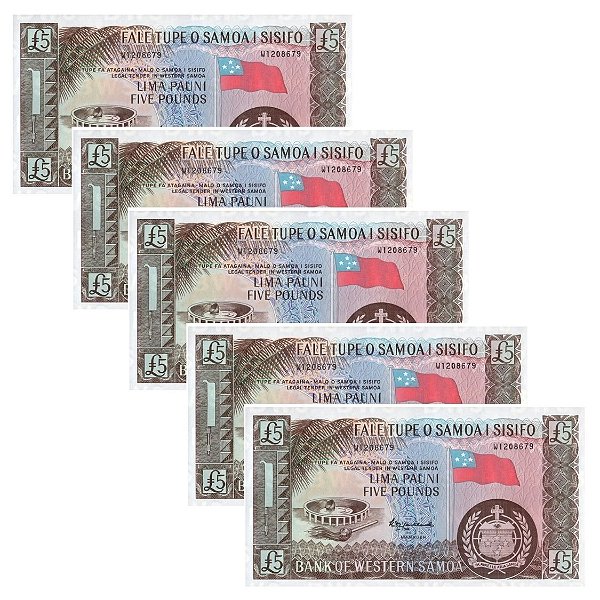 Samoa Ocidental - 5 Cédulas de 5 Pounds 2020 - P-15aCs - Reimpressa - FE