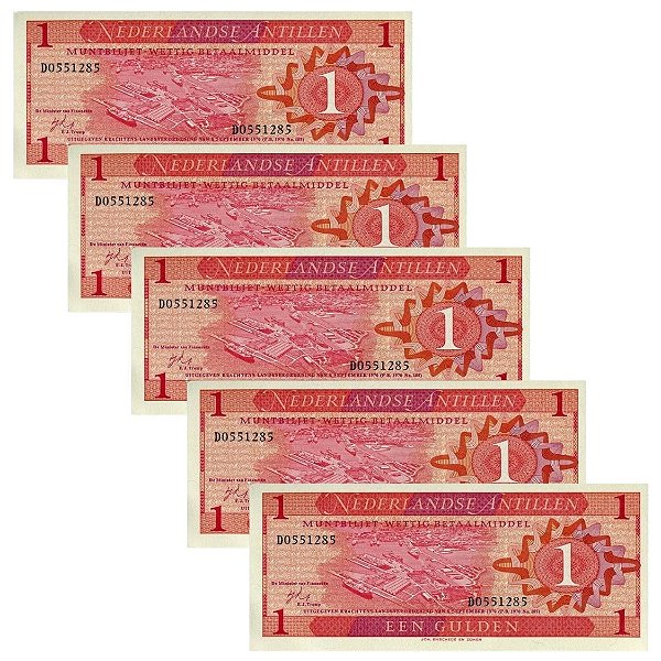 Antilhas Holandesas - 5 Cédulas de 1 Gulden 1970 - P20a - FE