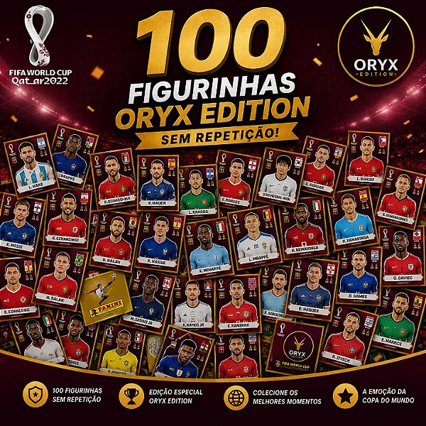 ÓRIX - 100 Figurinhas Óryx Edition sem Repetição para colar - World Cup Qatar 2022