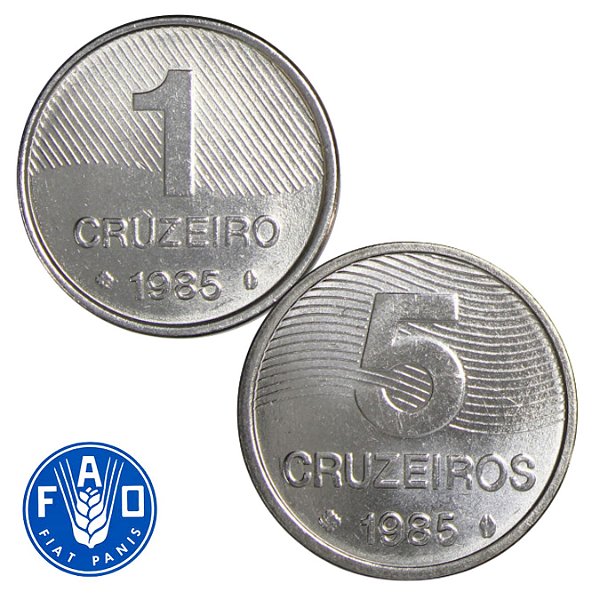 FAO - Moedas de 1 e 5 Cruzeiros 1985 - FAO - V-348/354 - Flor de Cunho