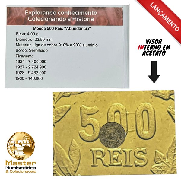 Cartela com visor contendo a Moeda de 500 Réis Fortuna 1924/1928 - Br.Al - Circulada