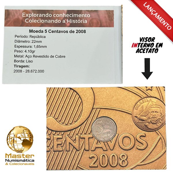Cartela com visor contendo a moeda de 5 Centavos 2008 - V-474 - Circulada