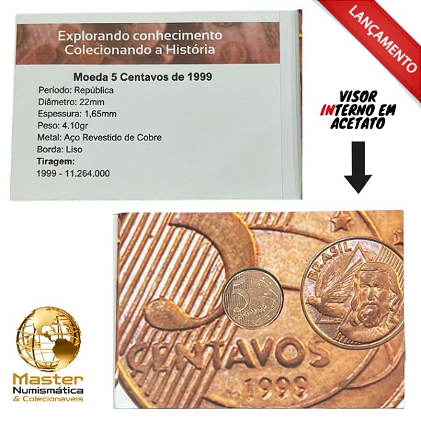 Cartela com visor contendo a moeda de 5 Centavos 1999 - V-465 - Circulada