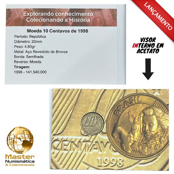 Cartela com visor contendo a moeda de 10 Centavos 1998 - V-491 - Circulada