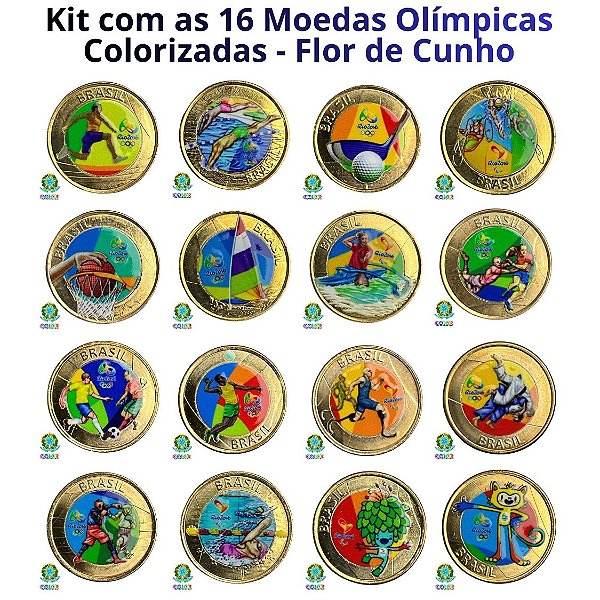 Coloridas - Conjunto com todas as 16 Moedas das Olimpiadas Coloridas - Flor de Cunho