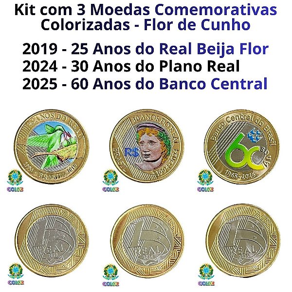 Coloridas - Kit com 3 Moedas Comemorativas Coloridas - Beija Flor / 30 anos e 60 anos - Flor de Cunho