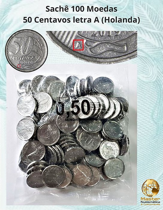 Sachê com 100 moedas de 50 Centavos 2019 - Letra A - V-564a - Flor de Cunho