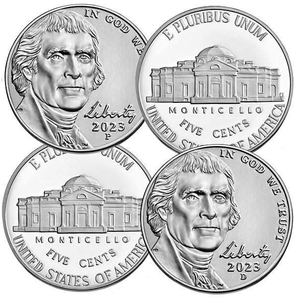 Estados Unidos - Moedas de Five Cents 2023 P&D - Jefferson Nickel - Flor de Cunho