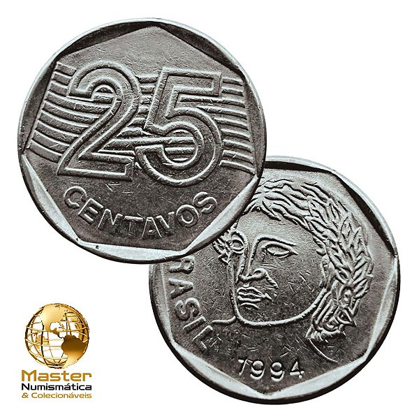 Moeda de 25 Centavos 1994 - V-450 - Circulada - Aço Inoxidavel - 23.5mm - 4,78g
