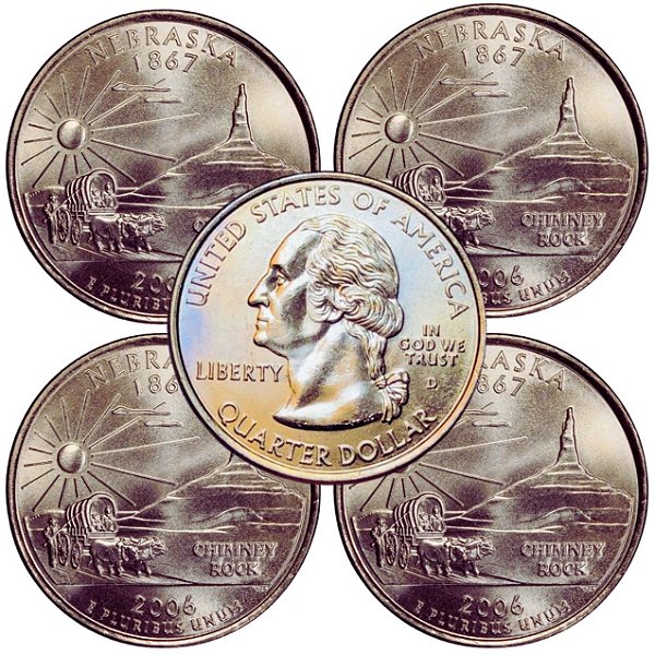 Estados Unidos - 04 Moedas de Quarter Dollars 2006 Nebraska - D - Flor de Cunho