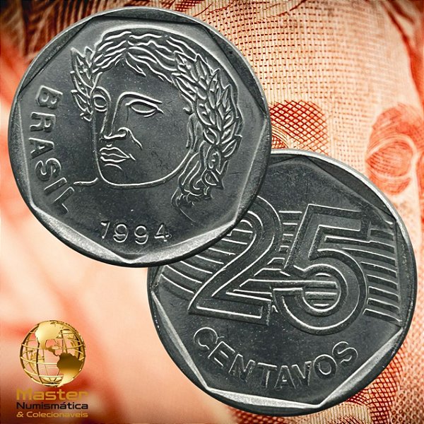 Moeda de 25 Centavos 1994 - V-450 - Flor de Cunho - Aço Inox - 23.5mm - 4,78g