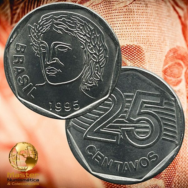 Moeda de 25 Centavos 1995 - V-451 - Flor de Cunho - Aço Inox - 23.5mm - 4,78g