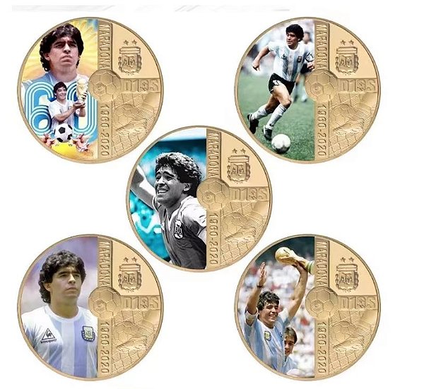 Kit Com 5 Moedas do craque Maradona - Douradas / Coloridas - Homenagem a Copa de 1986