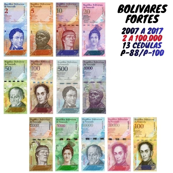 Venezuela - Set com 13 Cédulas - 2 a 100.000 Bolivares Fortes - Flor de Estampa