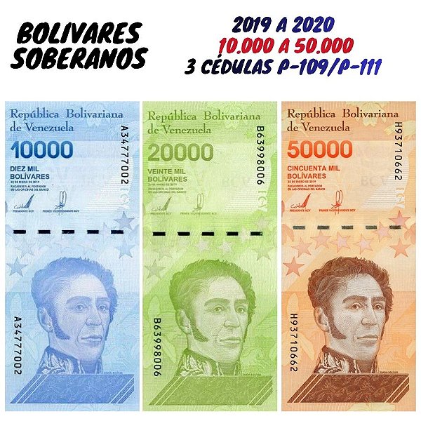 Venezuela - Set com 3 Cédulas de 10.000 a 50.000 Bolivares Soberanos 2019 - Flor de Estampa
