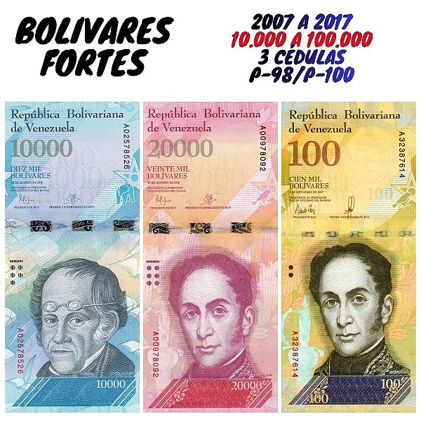 Venezuela - Set com 3 Cédulas - 10.000 a 100.000 Bolivares Fortes - Flor de Estampa