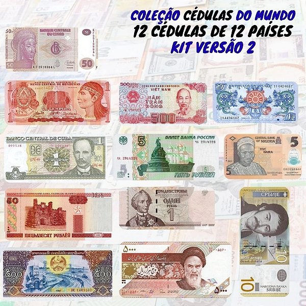 Kit com 12 Cédulas Estrangeiras de 12 Países sem repetição - Versão 2 - 100% Flor de Estampa.