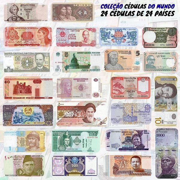 Kit com 24 Cédulas Estrangeiras de 24 Países sem repetição- 100% Flor de Estampa.
