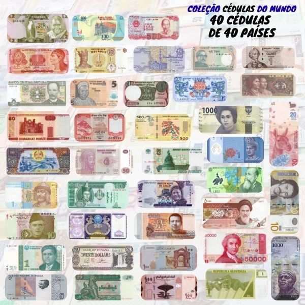 Kit com 40 Cédulas Estrangeiras de 40 Países sem repetição - 100% Flor de Estampa.