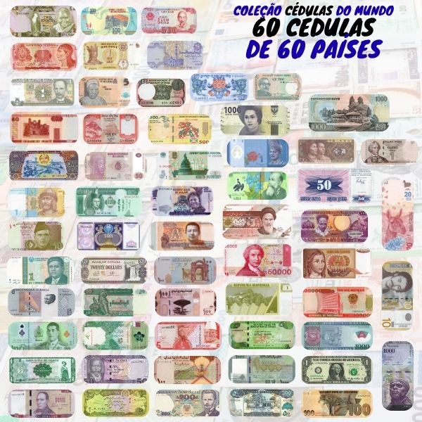 Kit com 60 Cédulas Estrangeiras de 60 Países sem repetição - África, Ásia, Américas e Europa - 100% Flor de Estampa.