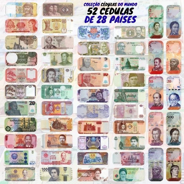 Kit com 52 Cédulas Estrangeiras de 28 Países - África, Ásia, Américas e Europa - 100% Flor de Estampa.