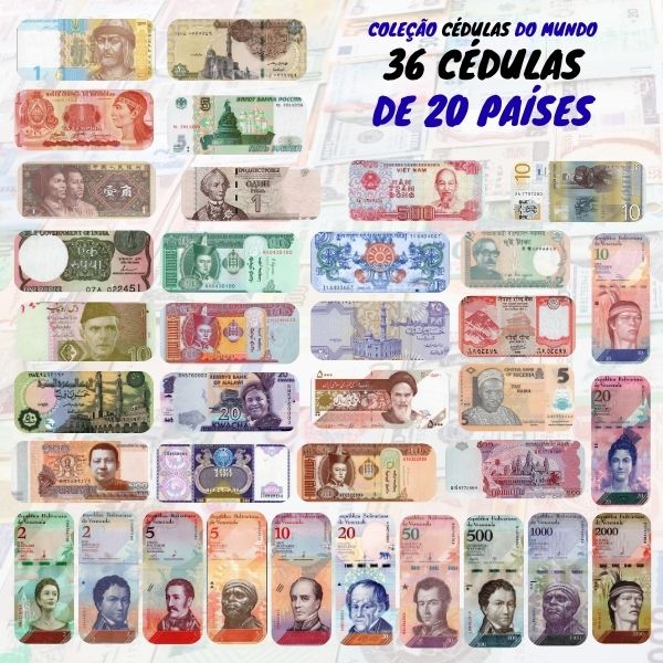 Kit com 36 Cédulas Estrangeiras de 20 Países - África, Ásia, Américas e Europa - 100% Flor de Estampa.