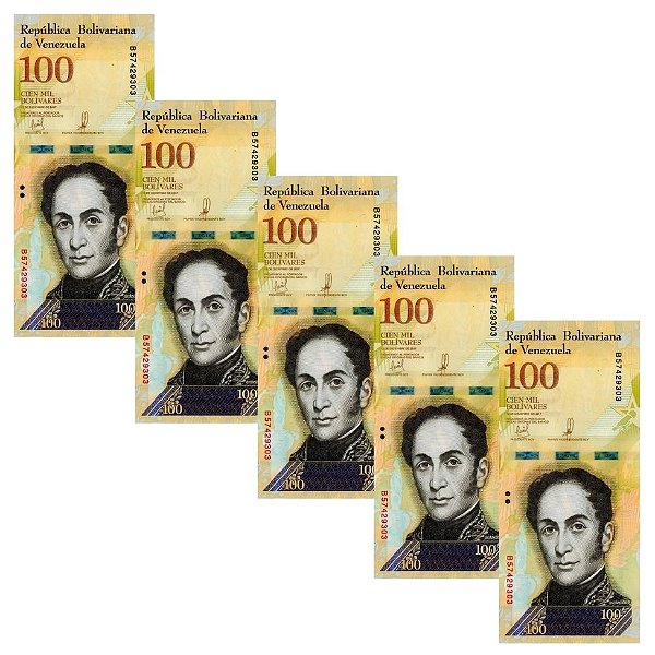 Venezuela - 5 Cédulas de 100 Mil Bolivares Forte 2017 - P-100b - Simon Bolivar - FE