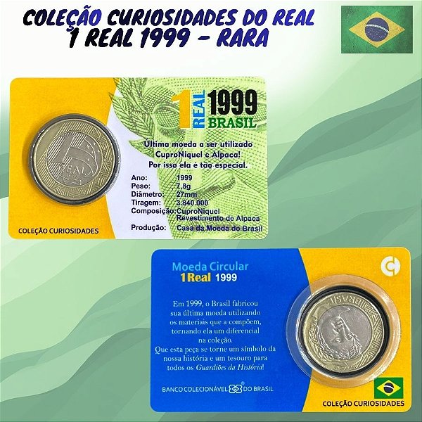 Blister com a Moeda de 1 Real 1999 - RARA - V-572 - Alpaca - Rara - Circulada