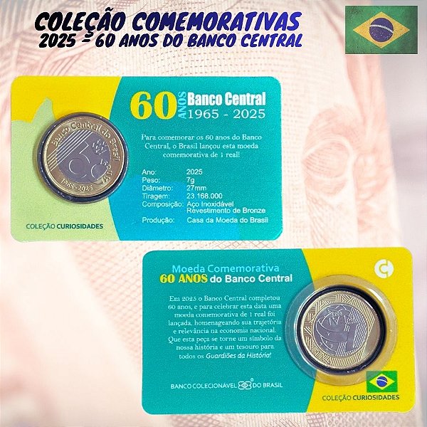 Blister com a moeda Moeda 60 Anos do Banco Central - 1 Real 2025 - Flor de Cunho