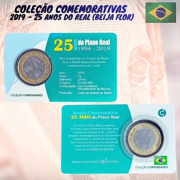 Blister com a Moeda Beija Flor - 25 Anos do Real - 1 Real 2019 - V-624 - Flor de Cunho