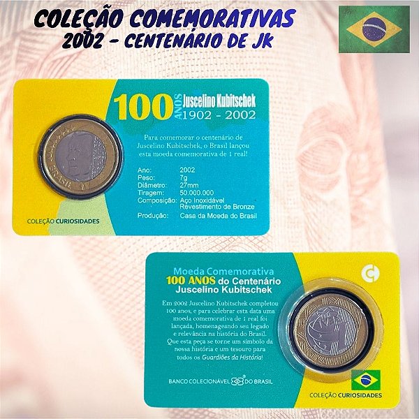 Blister com a moeda Centenário de Juscelino Kubistchek - 1 Real 2002 - V-573 - Circulada