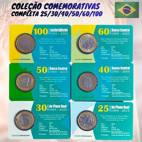 Conjunto com os 6 Blisters da Coleção Comemorativas - Jk, 25 e 30 anos do Real, 40,50 e 60 anos do BC