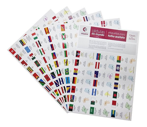 Etiquetas Cédulas do Mundo - 193 etiquetas com bandeira e nome de cada país reconhecido pela ONU