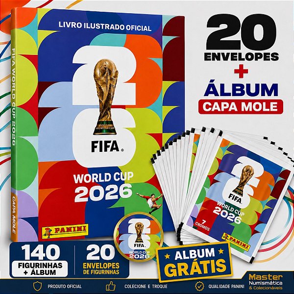 Copa Do Mundo 2026 - Kit Com 20 Envelopes de Figurinhas Panini + Álbum Capa Mole GRÁTIS - FIFA WORLD CUP 2026 - Pronta entrega
