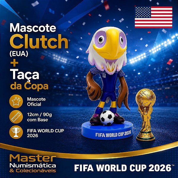 Copa do Mundo 2026 - Mascote Clutch (EUA) + Taça da Copa - Mascote Oficial - 12cm / 90g com Base - FIFA WORLD CUP 2026