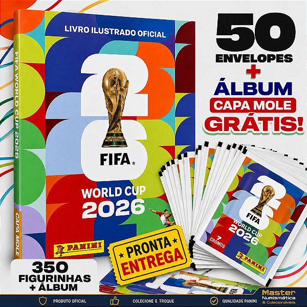Copa Do Mundo 2026 - Kit Com 50 Envelopes de Figurinhas Panini + Álbum Cortesia (Grátis) - FIFA WORLD CUP 2026 - Pronta Entrega