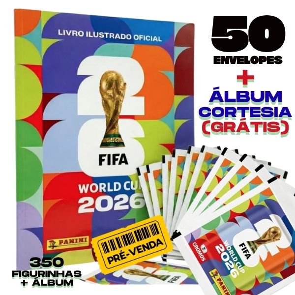 Copa Do Mundo 2026 - Kit Com 50 Envelopes de Figurinhas Panini + Álbum Cortesia (Grátis) - FIFA WORLD CUP 2026 - Pré Venda