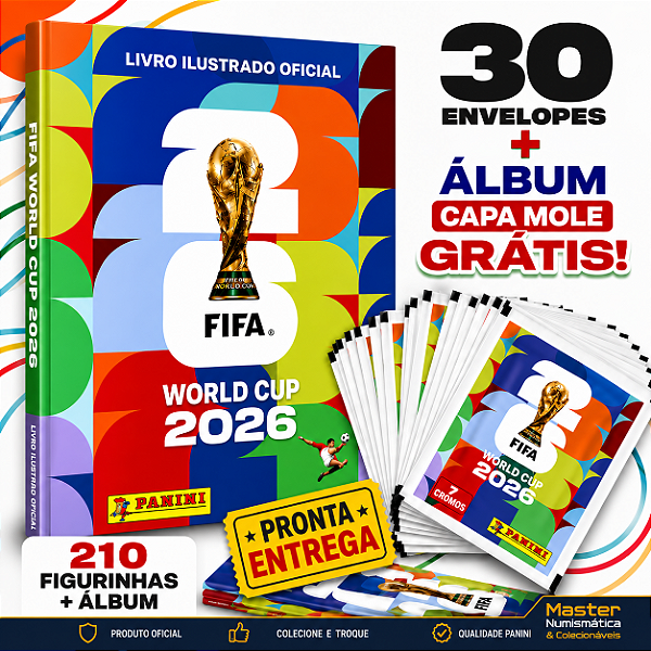 Copa Do Mundo 2026 - Kit Com 30 Envelopes de Figurinhas Panini + Álbum Cortesia (Grátis) - FIFA WORLD CUP 2026 - Pronta Entrega